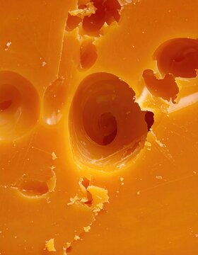 Close-up macro view of golden cheese with large, irregular holes