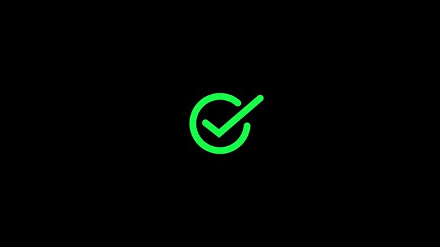 Green check mark icon animation verified success symbol on transparent background. 4k video