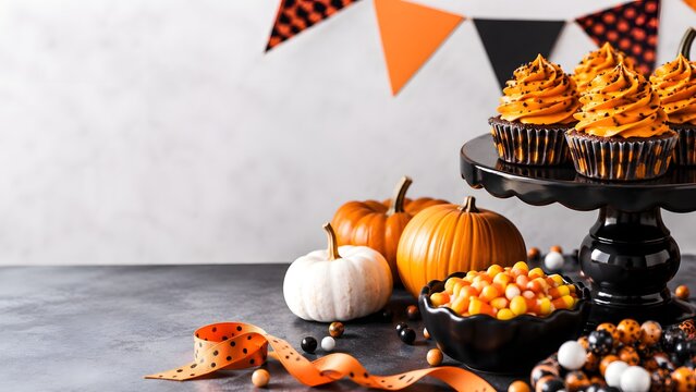 Halloween party table scene with cupcakes pumpkins and candy