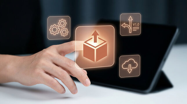 Businessman touching digital software deployment icon for product release and cloud distribution on tablet screen interface concept.