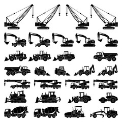 Obraz premium Construction equipment silhouettes, heavy machinery collection