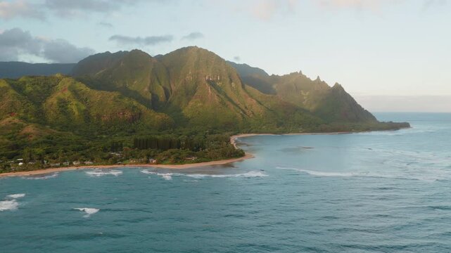 Aerial Drone View of Tunnels Beach and Haʻena Coast Revealing the Nā Pali Coast, Kauai, Hawaii (4K UHD)
