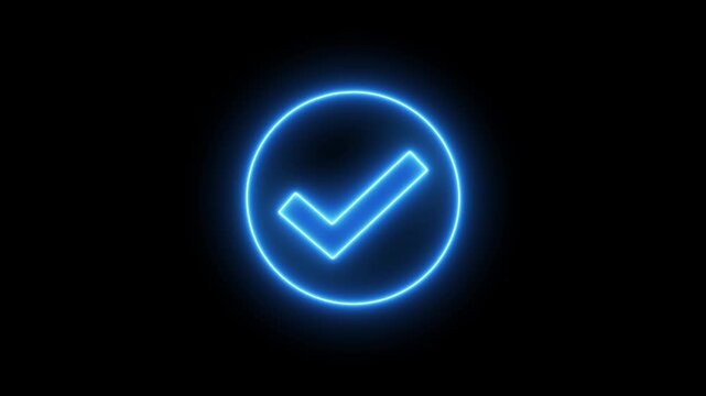 Neon check mark inside a square on black background tick 4k video.