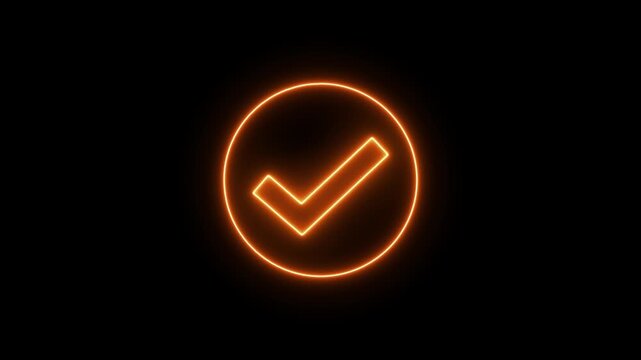 Neon check mark inside a square on black background tick 4k video.