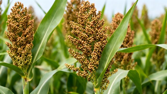 Professional macro photography of healthy grain sorghum plants with dense mature seed heads