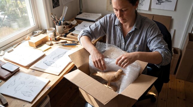 A woman carefully unwraps an object from bubble wrap at her cluttered desk by the window.
