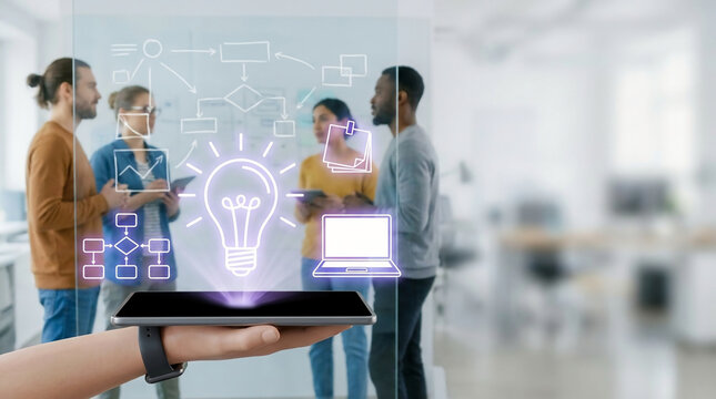 Professional business team collaborating in a modern office with innovative digital hologram projection of light bulb and tech icons over tablet screen.