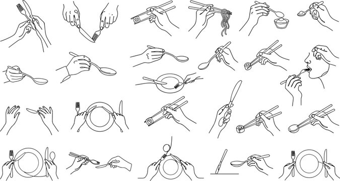 Table Manners and Eating Etiquette Line Art Set with Hand Gestures Holding Forks Knives Spoons and Chopsticks for Restaurant Culinary Marketing Graphic Designs