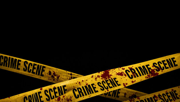 Crime scene yellow tape with blood splatters on black background