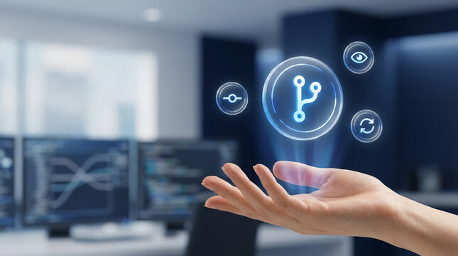 Software development and DevOps concept featuring a hand displaying a holographic Git fork icon with technical symbols in a blurred workspace setting.