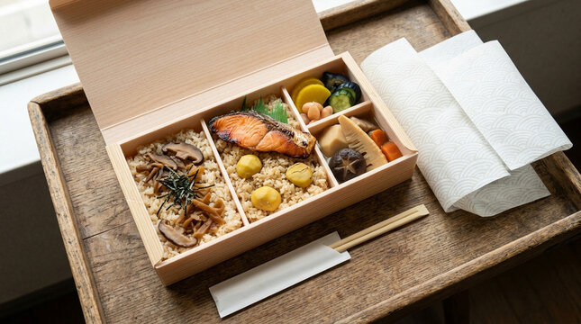 Japanese Ekiben Railway Station Bento Box Opened Washi Wrapping Aerial View