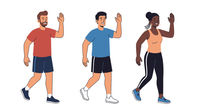 Three diverse people walking and waving hello, representing friendship and greeting.