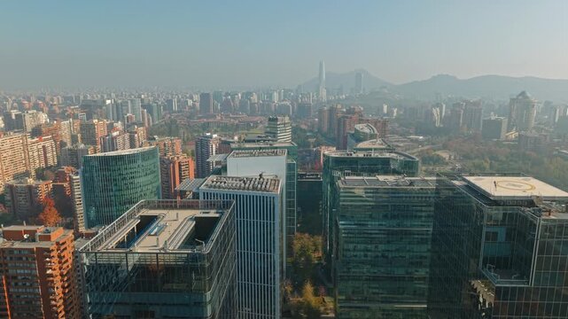 Bird's-eye view of the modern buildings in Nueva Las Condes on a sunny day, Santiago, Chile