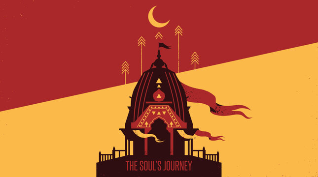 Stylized illustration of an ancient Indian temple or chariot with a crescent moon above, symbolizing a spiritual journey.