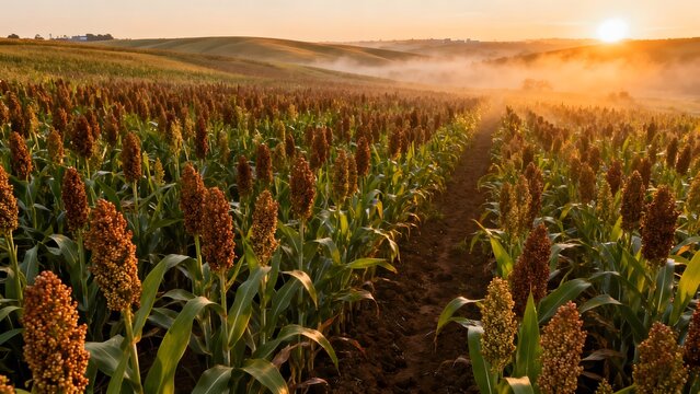 Ultra realistic professional photography of a vast sorghum field with mature grain sorghum plants featuring full seed heads
