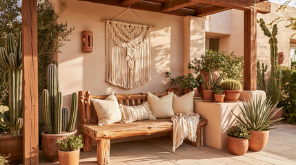 Fototapeta premium An outdoor patio with wooden benches, a wall of woven decorations, and cacti in terracotta pots.