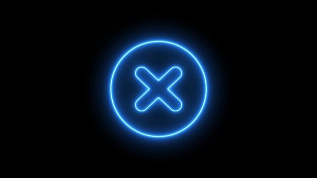 neon glowing cross sign icon 4k animation. cross mark icon with vibrant light effects, symbolizing error, cancel, wrong, 4k Animation video on Black Background. 4k