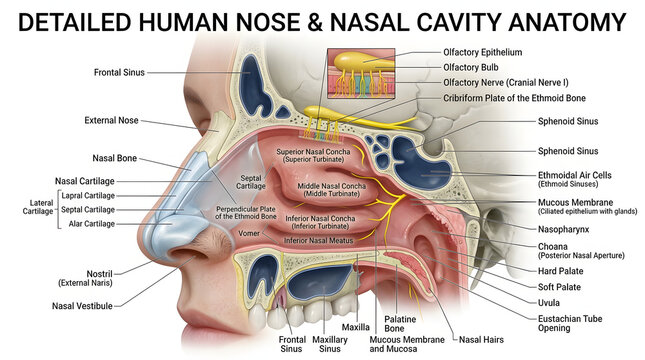 3D Human Nose Anatomy with Labeled Internal Structures &ndash; Medical Illustration for Science Learning and Biology Education Poster