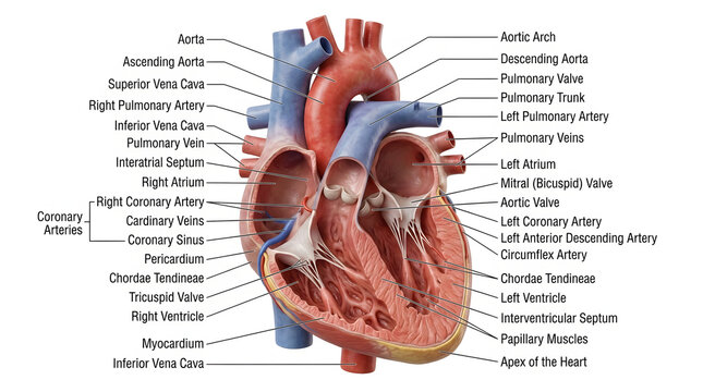3D Human Heart Anatomy with Labeled Internal Structures &ndash; Medical Illustration for Science Learning and Biology Education Poster