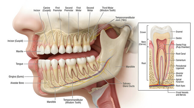 3D Human Teeth and Tooth Anatomy with Labeled Internal Structures &ndash; Medical Illustration for Science Learning and Biology Education Poster