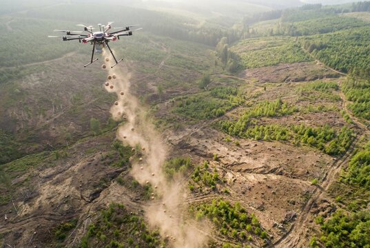 Wide aerial shot of a drone scattering seeds to restore nature in a deforested area