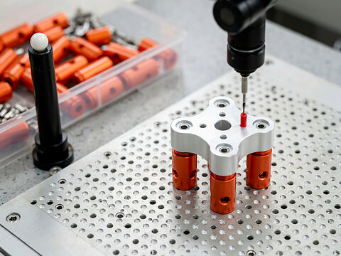 A close-up photograph of a coordinate measuring machine probe inspecting a precision metal component on a fixture plate