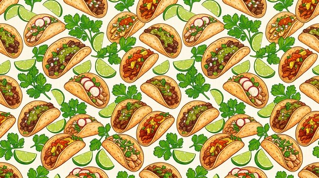 Seamless Pattern of Authentic Mexican Street Tacos and Limes