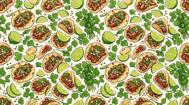 Seamless Pattern of Authentic Mexican Tacos with Limes and Cilantro