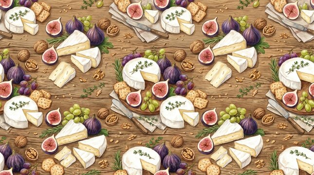 Watercolor seamless pattern of gourmet cheese platter with figs