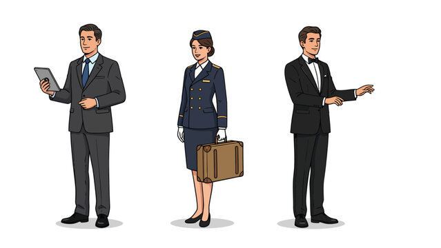 Three professionals in uniform: businessman with tablet, flight attendant with suitcase, and waiter in tuxedo.