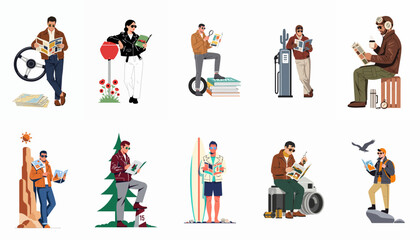 Fototapeta premium Set of stylized characters planning travel adventures while reading maps and magazines in various outdoor and hobby-related environments.