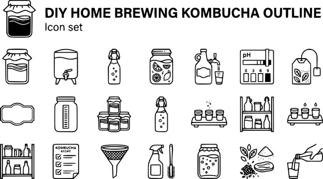 DIY Home Brewing Kombucha Outline Icon Set with SCOBY Jar, Continuous Brew Vessel, Flip-Top Bottle and Kombucha on Tap, 20 Icons Editable Strokes