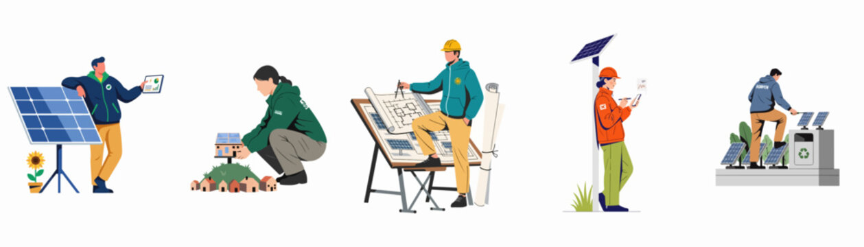 Collection of vector illustrations featuring professionals working with solar energy technology, panels, and urban sustainability projects.