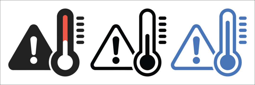 Warning heat icons with thermometers for high temperature alerts, heatwave warnings, weather notifications, climate protection, and safety awareness vector, designs