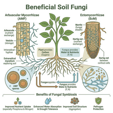 Diagram illustrating beneficial soil fungi, arbuscular mycorrhizae (AMF) and ectomycorrhizae (EcM), and their symbiotic relationship with plant roots.