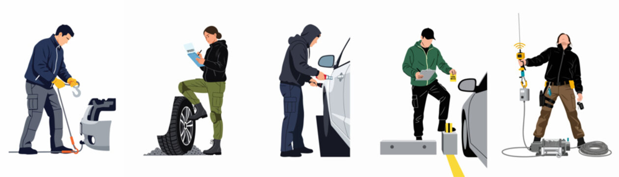 Set of illustrations featuring car repossession agents and tow truck operators performing tasks like hooking vehicles, inspecting tires, and issuing legal notices.