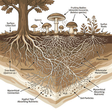 Illustration of a tree's root system, showing the intricate network of roots, mycelium, and soil particles, alongside mushrooms and plants growing above ground