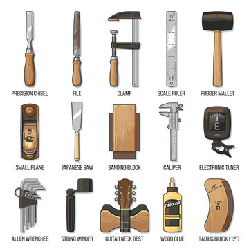 Collection of luthier tools, including chisels, saws, clamps, and tuning equipment, essential for instrument crafting and repair