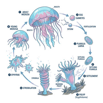 Jellyfish life cycle illustration with labeled stages from egg to adult medusa. Explains reproduction and development.