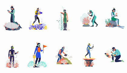 Fototapeta premium Flat vector illustration collection of marine biologists and scuba divers conducting scientific research and studying coral reefs underwater.