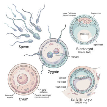 Fertilization process illustration, showing sperm, ovum, zygote, blastocyst, and early embryo development