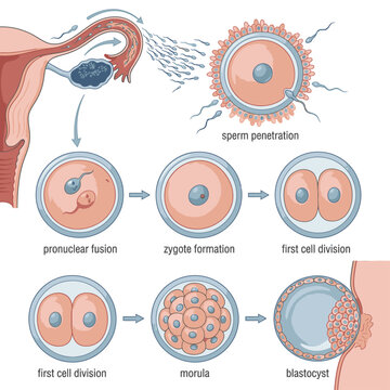 Fertilization and early embryonic development stages, illustrating sperm fertilizing an egg, zygote formation, cell division, morula, and blastocyst implantation
