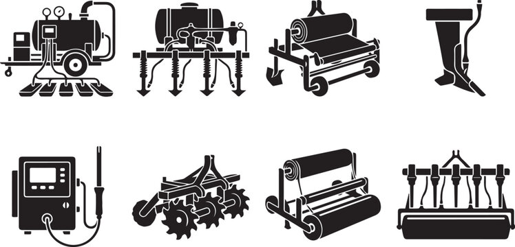 Set of black and white depicting agricultural machinery for soil sterilization, fumigation, plastic mulching, and field cultivation