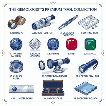A collection of premium gemologist tools for evaluating gemstones, including a loupe, refractometer, tweezers, sorting tray, faceted sapphire, rough diamond, sapphire, ruby, emerald, Chelsea filter.