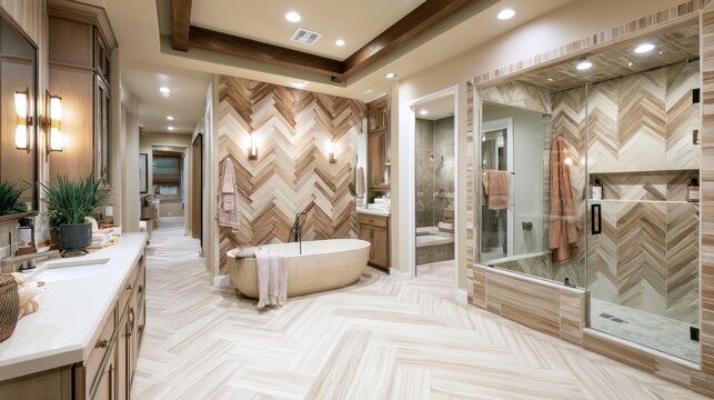 Luxury bathroom with herringbone tile and shower.