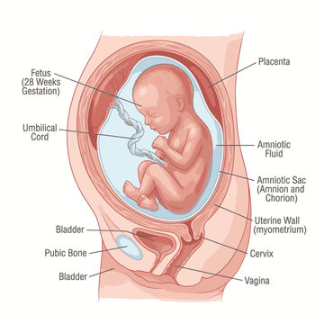 An illustration of a 28-week gestation fetus inside a uterus. The diagram shows the umbilical cord, amniotic fluid, amniotic sac, placenta, cervix, and pubic bone