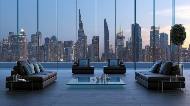 Luxury dark rooftop lounge overlooking night city skyline.
