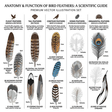 Anatomical illustration detailing the flight, tail, contour, down, and ornamental feathers of birds. Scientific labels explain the structure and function of each feather type.