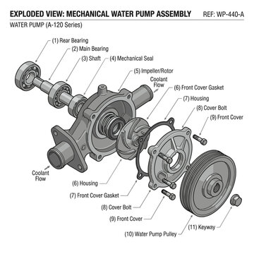 Exploded view of a mechanical water pump assembly, showing all its components with labels and reference numbers