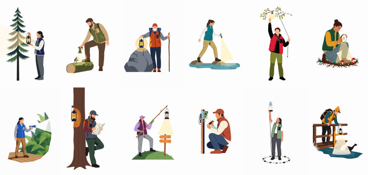 Collection of diverse flat vector illustrations depicting people using lanterns and flashlights for various outdoor nighttime activities and explorations.
